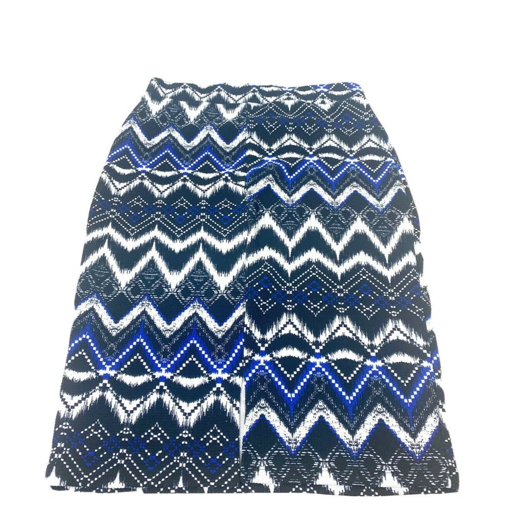 Stretch Aztec Mid Length Skirt Blue Black White Comfortable Band Size XL EUC